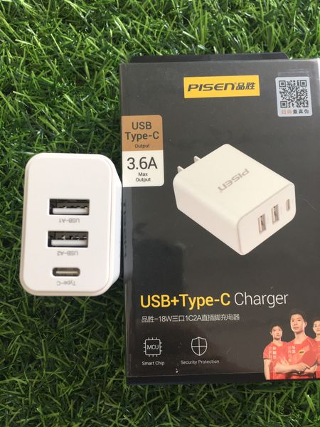  Cốc sạc nhanh 18W 3 cổng (2 USB - 1 PD) Pisen chính hãng 