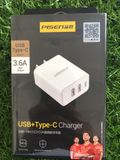 Cốc sạc nhanh 18W 3 cổng (2 USB - 1 PD) Pisen chính hãng 