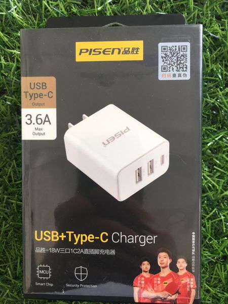  Cốc sạc nhanh 18W 3 cổng (2 USB - 1 PD) Pisen chính hãng 