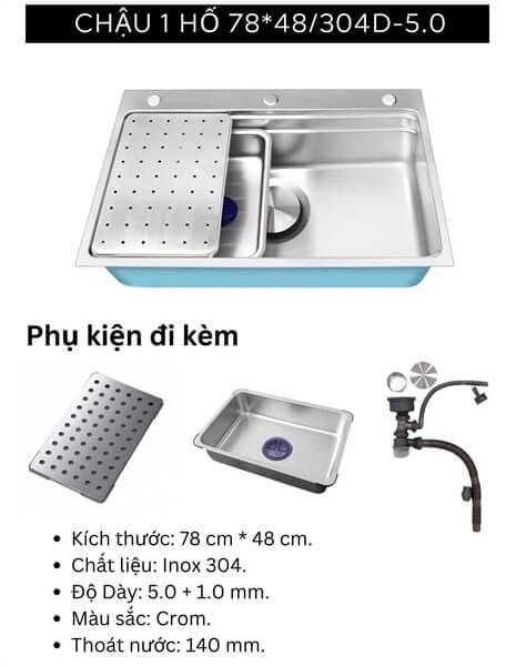 Chậu rửa chén KENDURA đúc 1 hố 304 78x48 5 ly