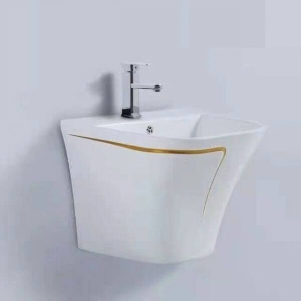 Chậu rửa liền chân KENDURA LB28 nguyên khối trắng chỉ vàng