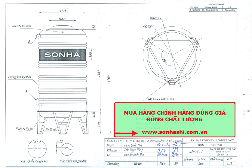 Bồn Nước Sơn Hà 700L Đứng