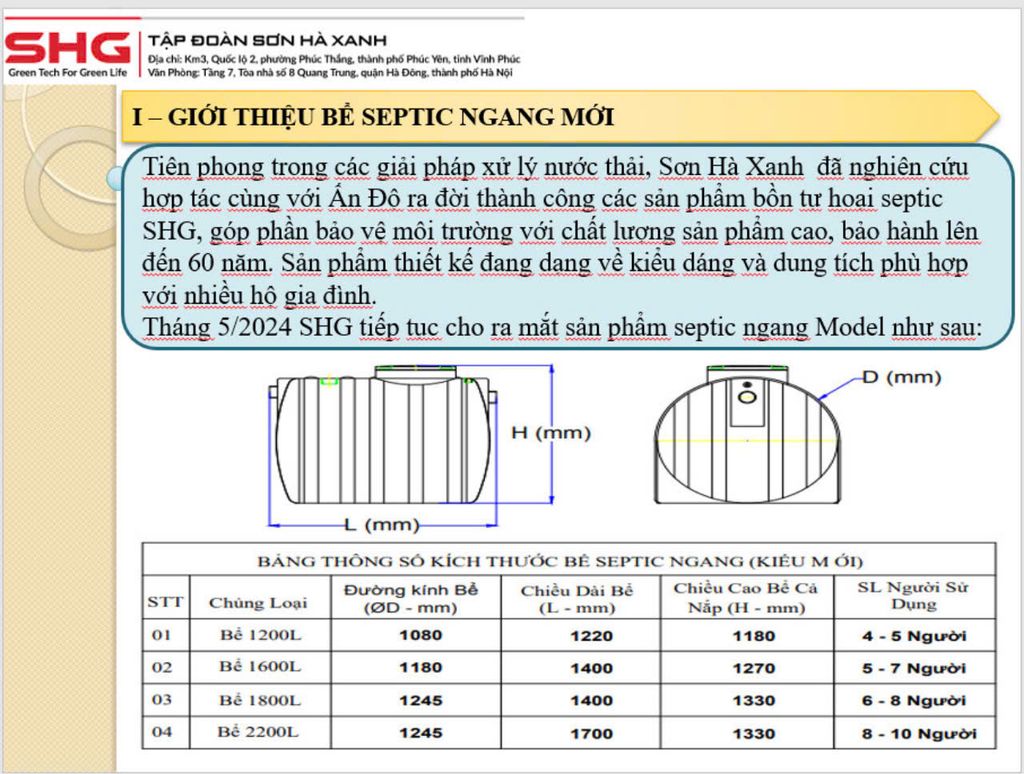 Bồn tự hoại SHG 1200L ngang