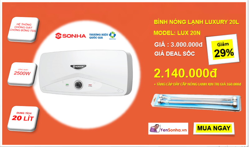 Bình nóng lạnh Luxury Sơn Hà 20 lít ngang