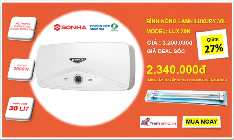 Bình nóng lạnh Luxury Sơn Hà 30 lít ngang