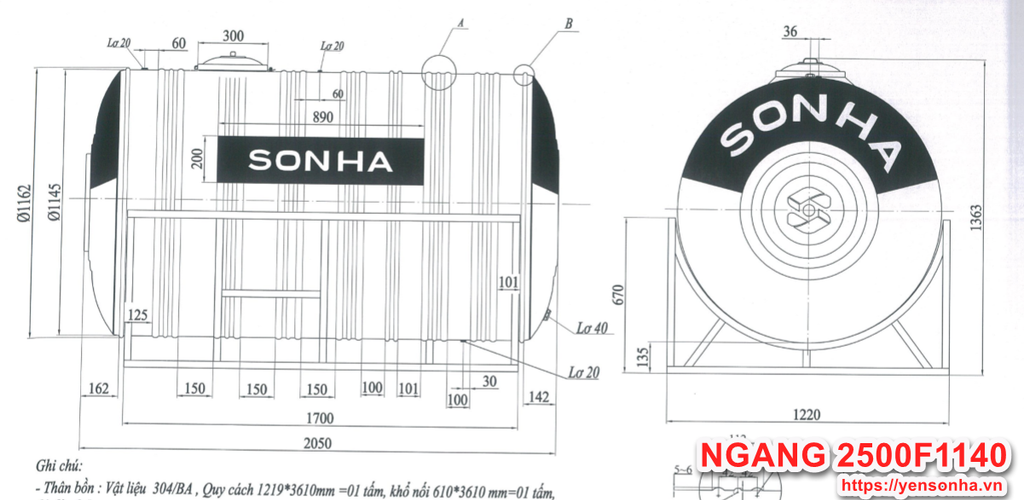 Bồn Nước Sơn Hà 2500L Ngang F1140