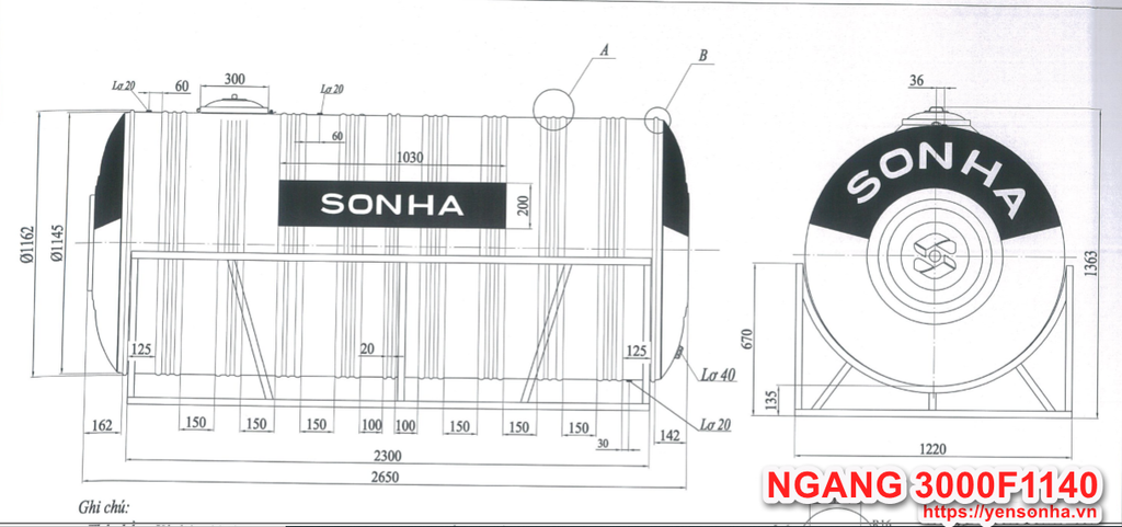 Bồn Nước Sơn Hà 3000L Ngang F1140