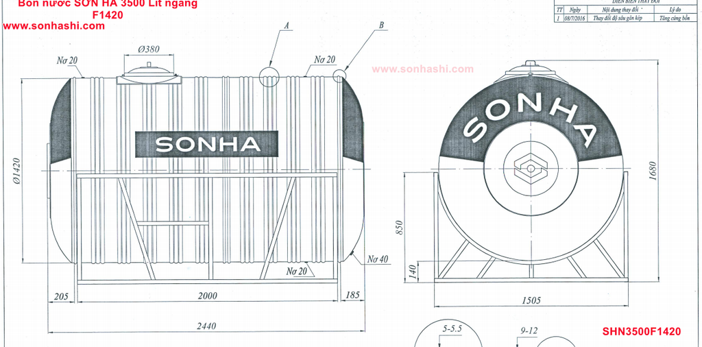 Bồn Nước Sơn Hà 3500L Ngang F1420