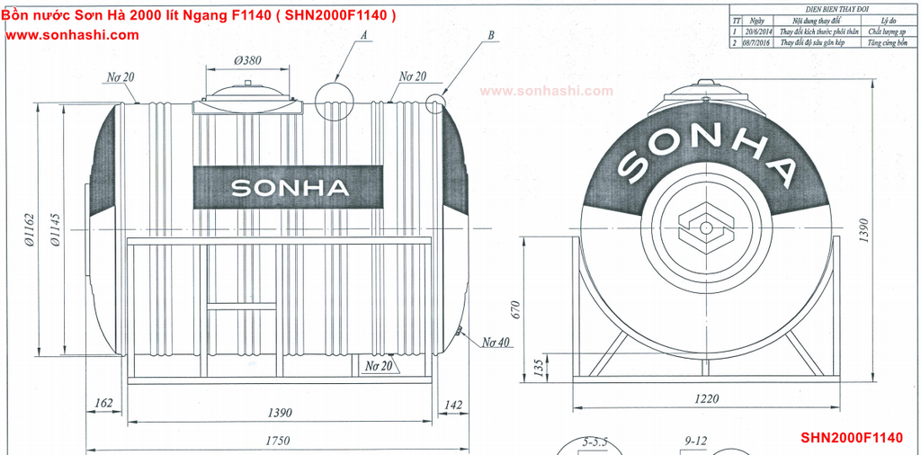 Bồn Nước Sơn Hà 2000L Ngang F1140