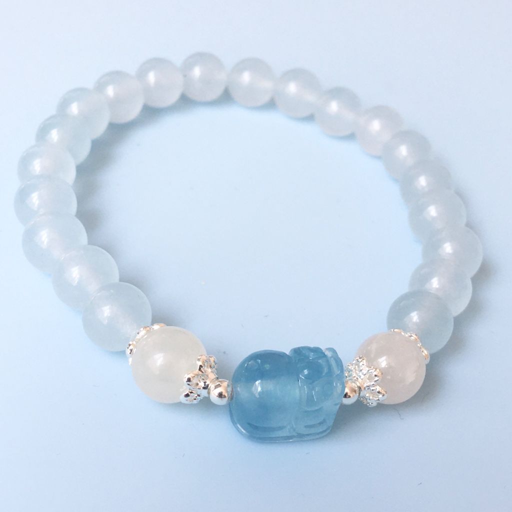  Vòng Tay Phong Thuỷ Cao Cấp - Con Tỳ Hưu Tài Lộc Đá Aquamarine & Đá Thạch Anh Trắng Thiên Nhiên 