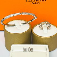  Bộ Trang Sức Hermes Trắng - Vòng Tay, Nhẫn & Bông Tai Pha Lê (AA) 