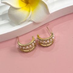  Bông Tai Khoen Tròn Màu Vàng Ngọc Trai & Pha Lê Trắng (AM) 