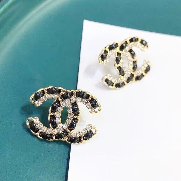  Bông Tai Chanel Bản To Màu Vàng Pha Lê Trắng (BE) 