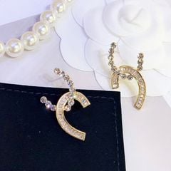  Bông Tai Chanel Bản To Màu Vàng Pha Lê Trắng (CC) 