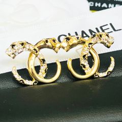  Bông Tai Con Hổ Chanel Bản To Màu Vàng Pha Lê Trắng 
