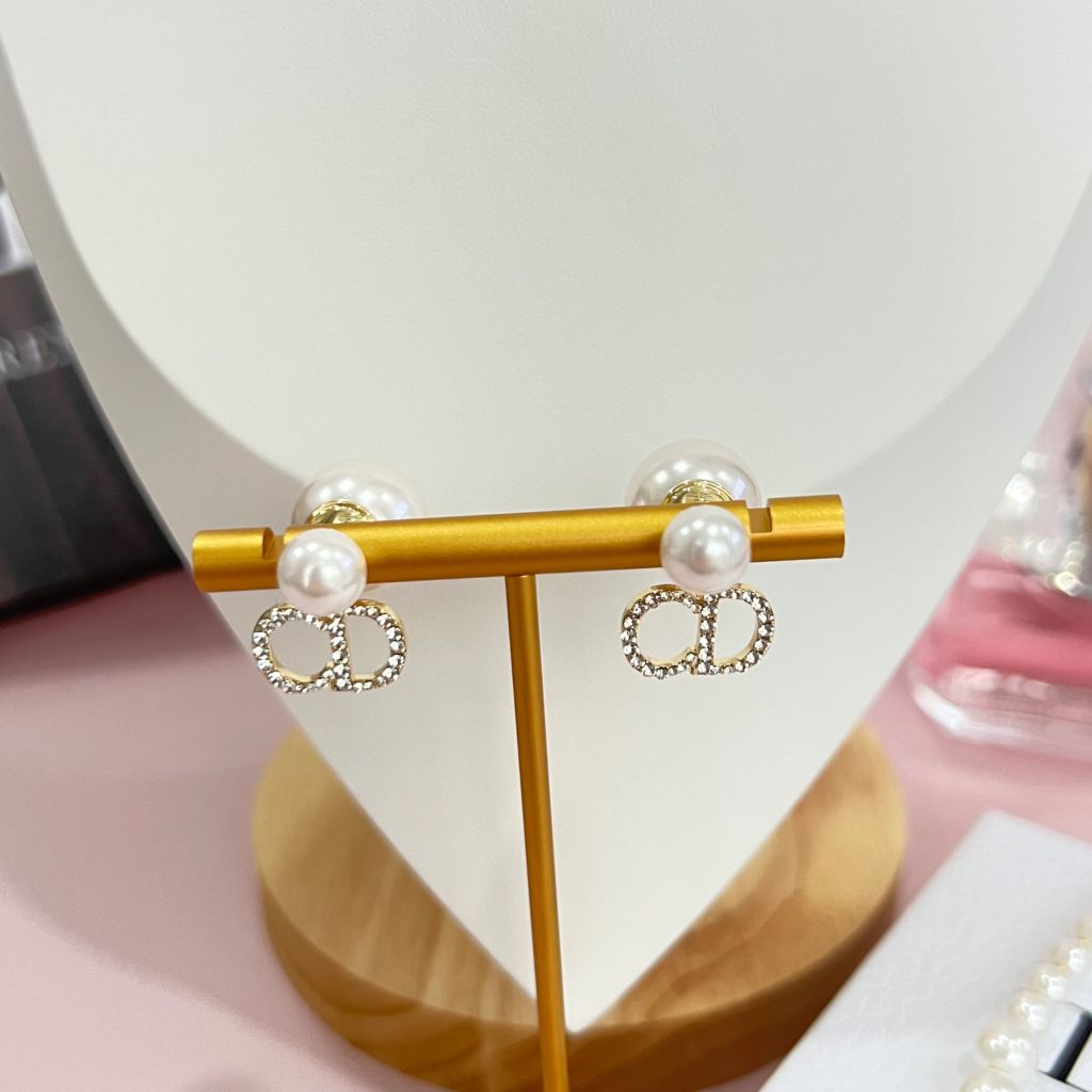  Bộ Trang Sức Dior Vàng - Vòng cổ Choker, Vòng Tay & Bông Tai Ngọc Trai, Pha Lê 2 Kiểu Đeo Quý Phái (AC) 