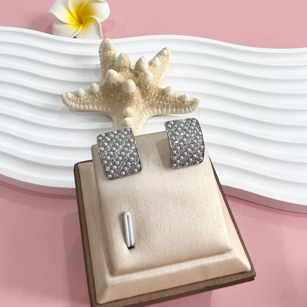  Bông Tai Hình Chữ Nhật Pha Lê & Ngọc Trai Nước Ngọt Màu Xám 