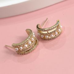  Bông Tai Khoen Tròn Màu Vàng Ngọc Trai & Pha Lê Trắng (AM) 