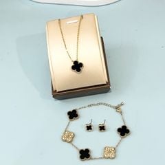  Bộ Trang Sức Cỏ 4 Lá May Mắn Vàng Đen Size 1cm - Dây Chuyền, Vòng Tay & Bông Tai Pha Lê (AP) 