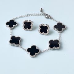  Bộ Trang Sức Cỏ 4 Lá May Mắn Vàng Đen Size 1,5cm - Dây Chuyền, Vòng Tay & Bông Tai Pha Lê (AO) 