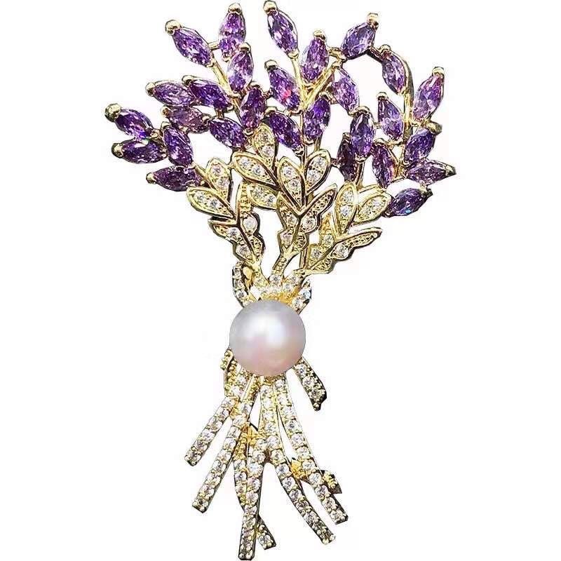  Cài Áo & Mặt Dây Chuyền - Bó Hoa Màu Vàng Pha Lê Tím & Ngọc Trai 