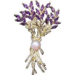  Cài Áo & Mặt Dây Chuyền - Bó Hoa Màu Vàng Pha Lê Tím & Ngọc Trai 