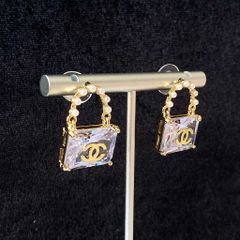  Bông Tai Chanel Túi Xách Bản To Màu Vàng Pha Lê Trắng & Ngọc Trai (BU) 