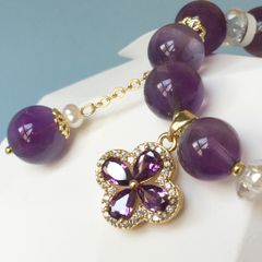  Vòng Đá Phong Thuỷ Cao Cấp - Cỏ 4 Lá May Mắn Thạch Anh Tím, Thạch Anh Trắng & Ngọc Trai Tự Nhiên 