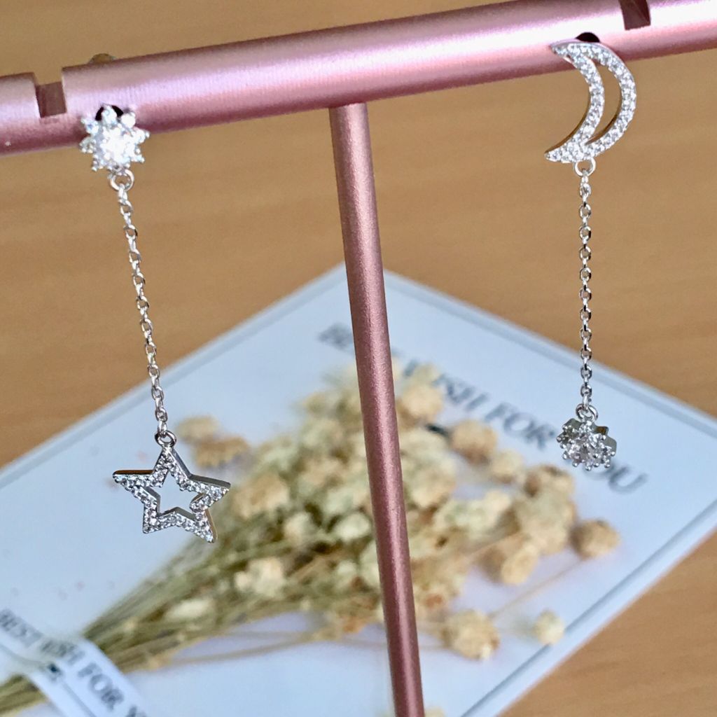  Bông Tai Ngôi Sao & Mặt Trăng So Le Pha Lê (AO) 