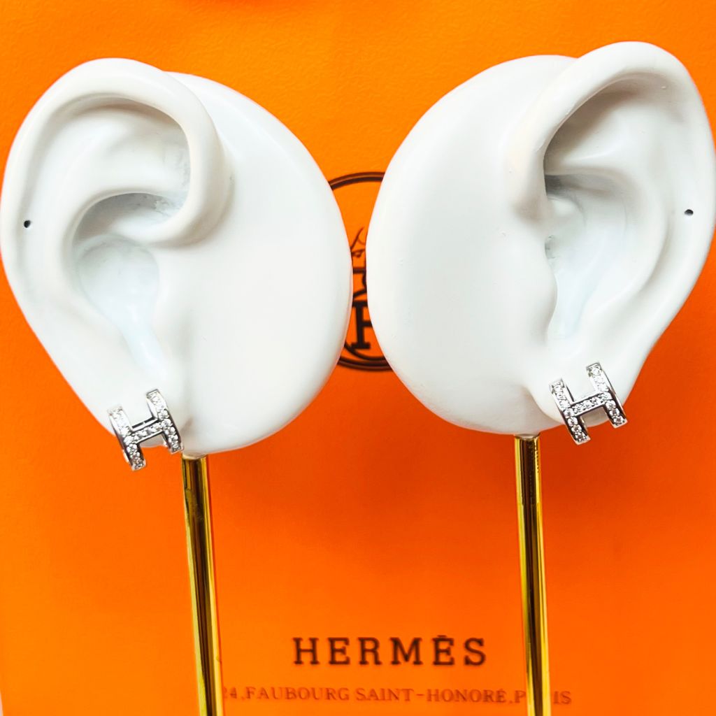  Bộ Trang Sức Hermes Trắng - Vòng Tay, Nhẫn & Bông Tai Pha Lê (AB) 