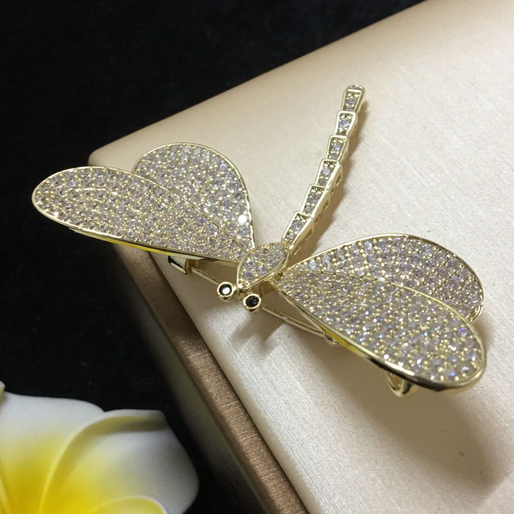  Cài Áo Nam, Nữ - Con Chuồn Chuồn Vàng Bản To Pha Lê Trắng Sang Trọng (AC) 