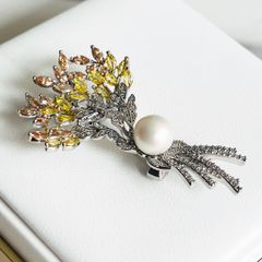  Cài Áo & Mặt Dây Chuyền - Bó Hoa Màu Trắng Pha Lê Vàng & Ngọc Trai 