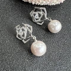  Bông Tai Hoa Hồng Ngọc Trai & Pha Lê Trắng (AL) 