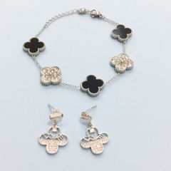  Bộ Trang Sức Cỏ 4 Lá May Mắn - Vòng Tay & Bông Tai Màu Trắng Đen Pha Lê (AH) 