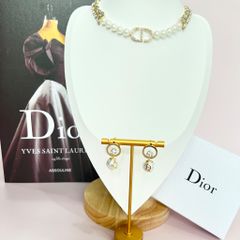  Bộ Trang Sức Dior Trắng - Vòng cổ Choker & Bông Tai Ngọc Trai, Pha Lê 6 Kiểu Đeo Quý Phái (AM) 