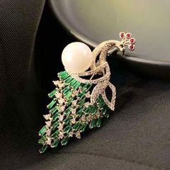  Cài Áo & Mặt Dây Chuyền - Con Phượng Hoàng Ngọc Trai & Pha Lê Xanh Quý Phái (AD) 