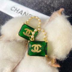  Bông Tai Túi Xách Chanel Bản To Màu Vàng Pha Lê xanh & Ngọc Trai (BV) 