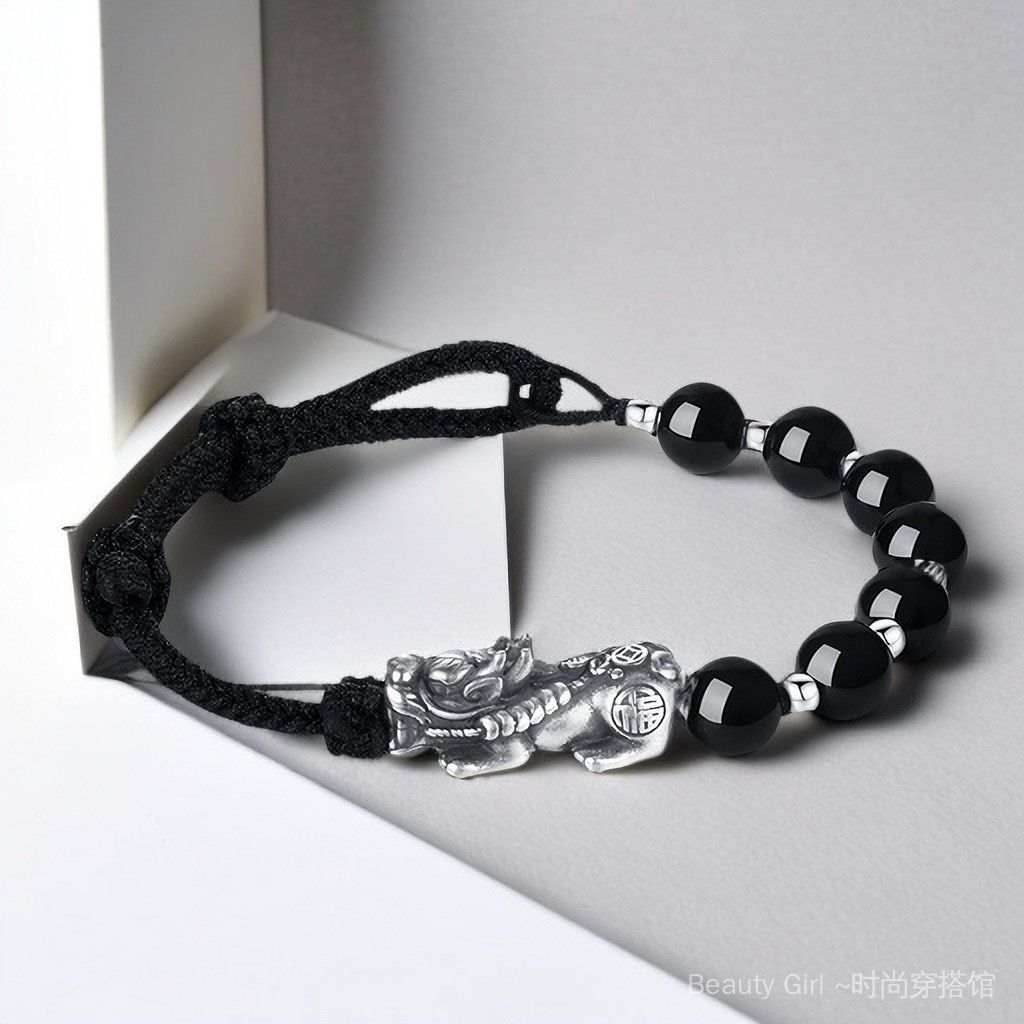  Vòng Đá Phong Thuỷ Cao Cấp - Con Tỳ Hưu Bạc S999 & Đá Obsidian Tự Nhiên 