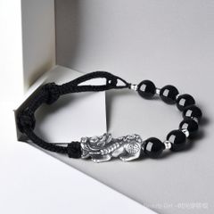  Vòng Đá Phong Thuỷ Cao Cấp - Con Tỳ Hưu Bạc S999 & Đá Obsidian Tự Nhiên 