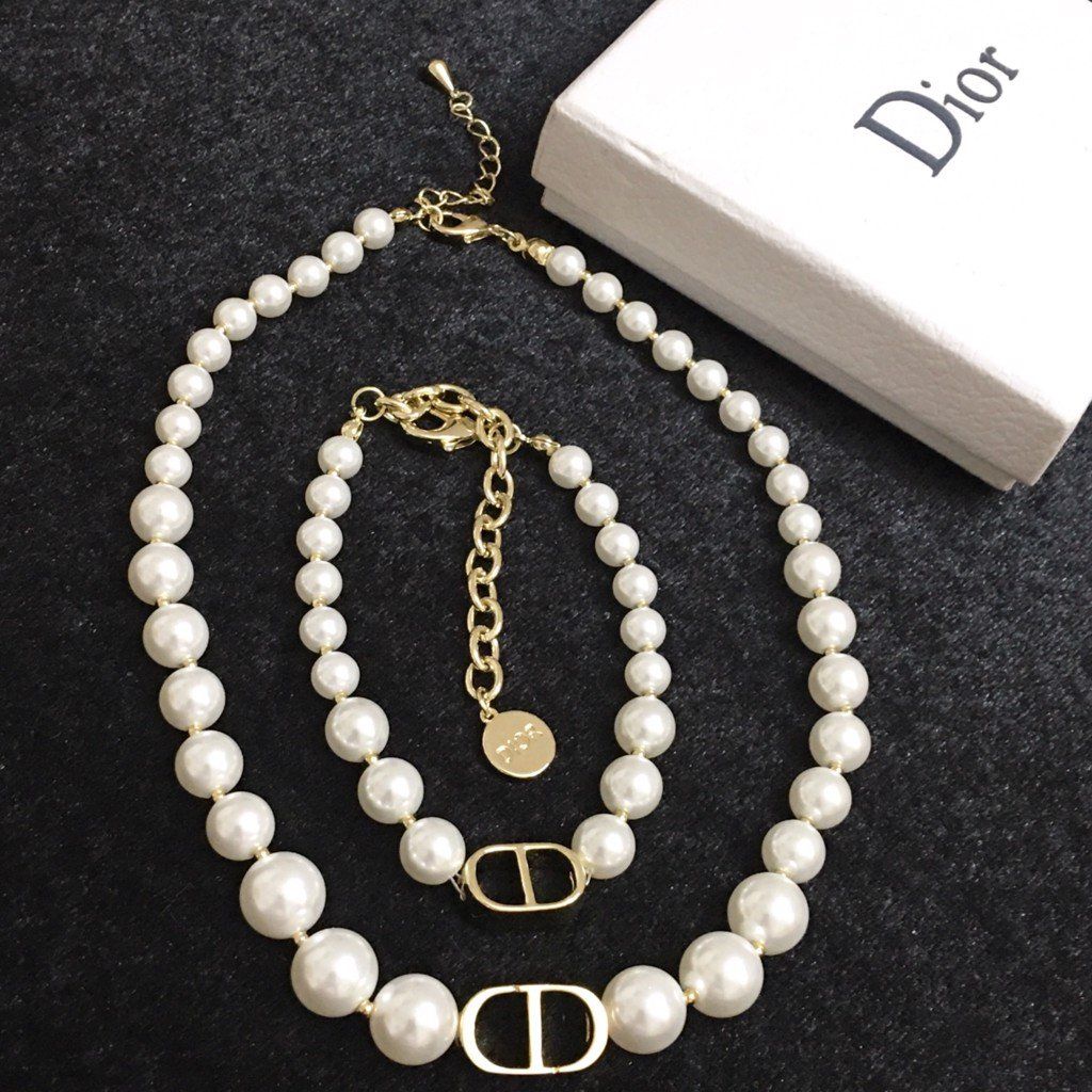  Bộ Trang Sức Dior Vàng - Vòng cổ Choker, Vòng Tay & Bông Tai Ngọc Trai, Pha Lê 2 Kiểu Đeo Quý Phái (AC) 