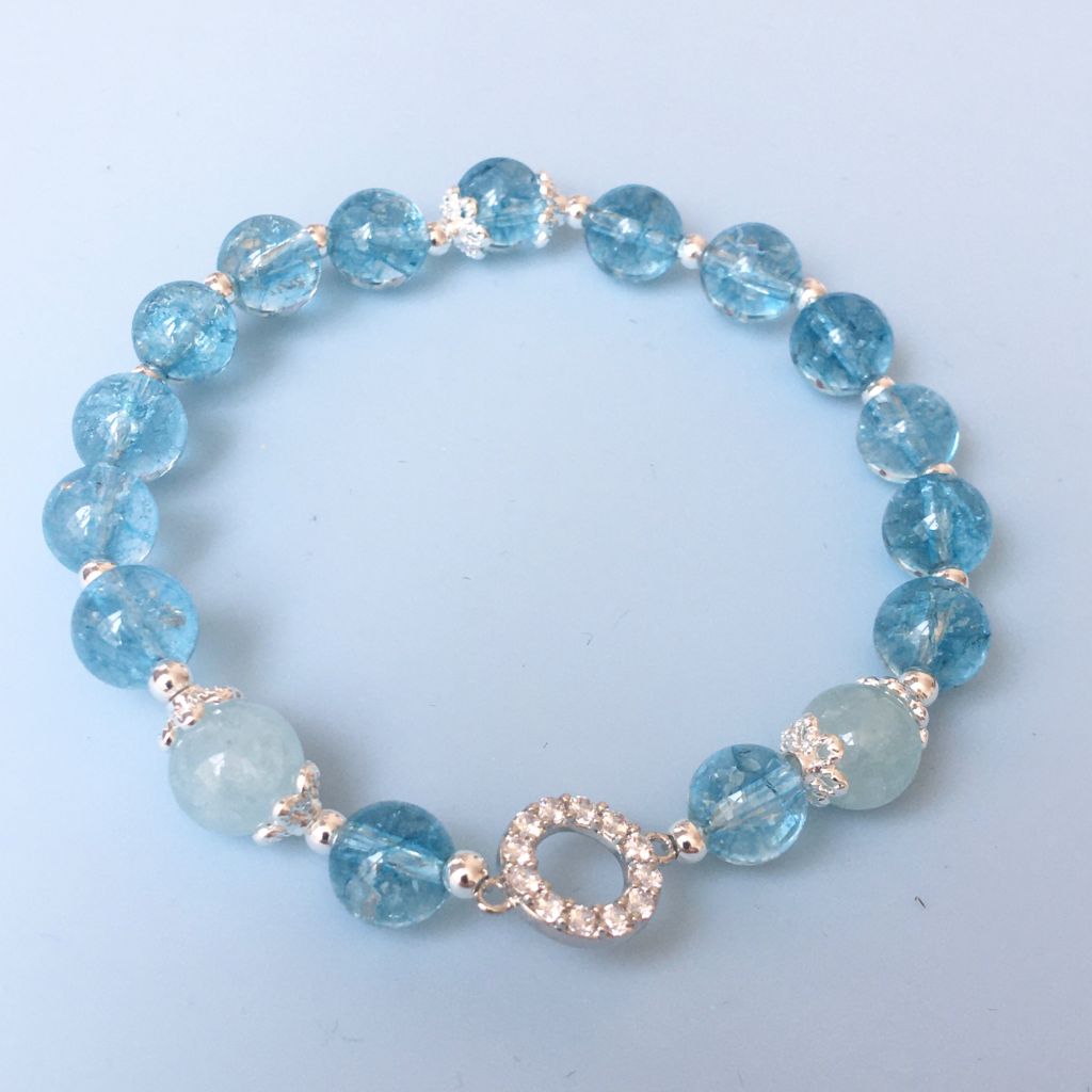  Vòng Tay Phong Thuỷ Cao Cấp - Đá Aquamarine Tự Nhiên & Vòng Tròn Đá Pha Lê Xanh Ngọt Ngào 