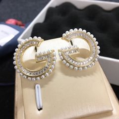  Bông Tai Gucci Bản To Màu Vàng Ngọc Trai & Pha Lê Trắng (AA) 