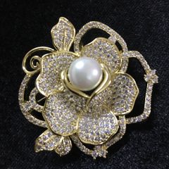  Cài Áo Hoa Hồng Vàng Ngọc Trai & Pha Lê Trắng (AK) 