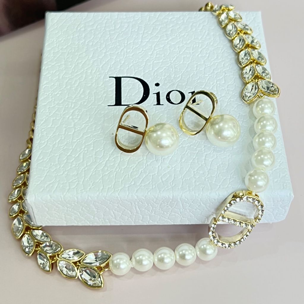  Bộ Trang Sức Dior Vàng - Vòng cổ Choker & Bông Tai Ngọc Trai, Pha Lê Quý Phái (AJ) 