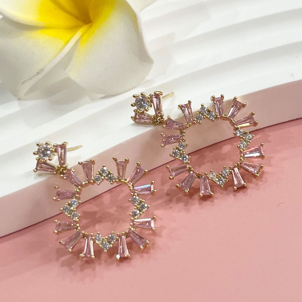  Bông Tai Vòng Tròn Pha Lê Hồng 