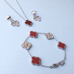  Bộ Trang Sức Cỏ 4 Lá May Mắn - Dây Chuyền, Vòng Tay & Bông Tai Màu Đỏ Pha Lê Trắng (AJ) 