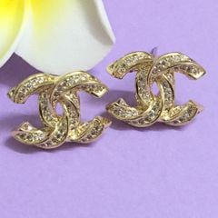  Bộ Trang Sức Chanel Màu Vàng Hồng - Cài Áo & Bông Tai Pha Lê Trắng (AA) 