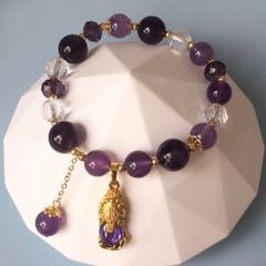  Vòng Đá Phong Thuỷ Cao Cấp - Con Tỳ Hưu Tài Lộc Thạch Anh Tím & Trắng Tự Nhiên 