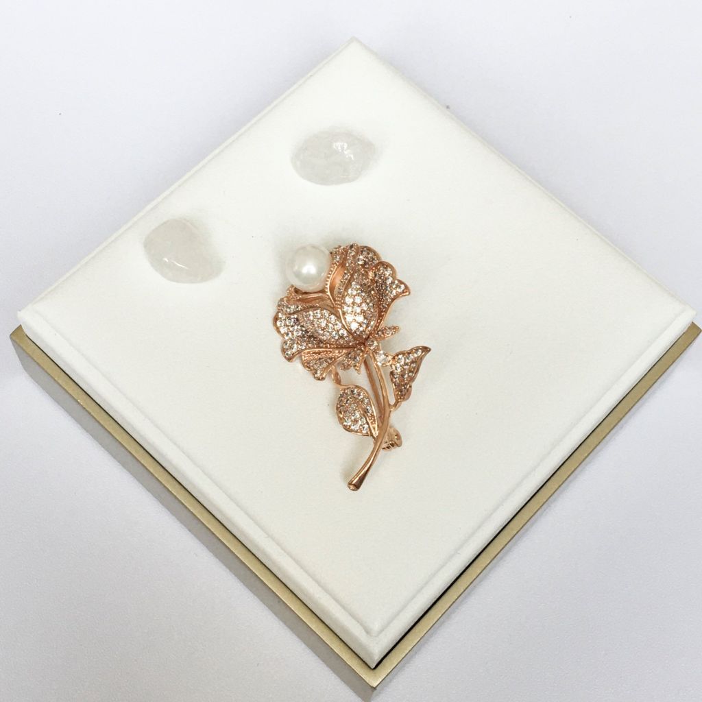  Cài Áo Hoa Hồng Màu Vàng Hồng Ngọc Trai & Pha Lê Trắng (AW) 