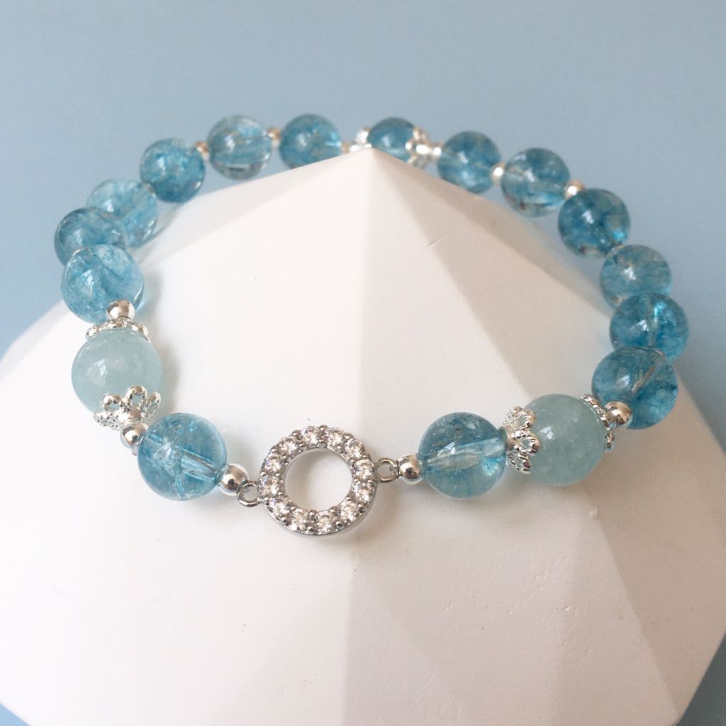  Vòng Tay Phong Thuỷ Cao Cấp - Đá Aquamarine Tự Nhiên & Vòng Tròn Đá Pha Lê Xanh Ngọt Ngào 